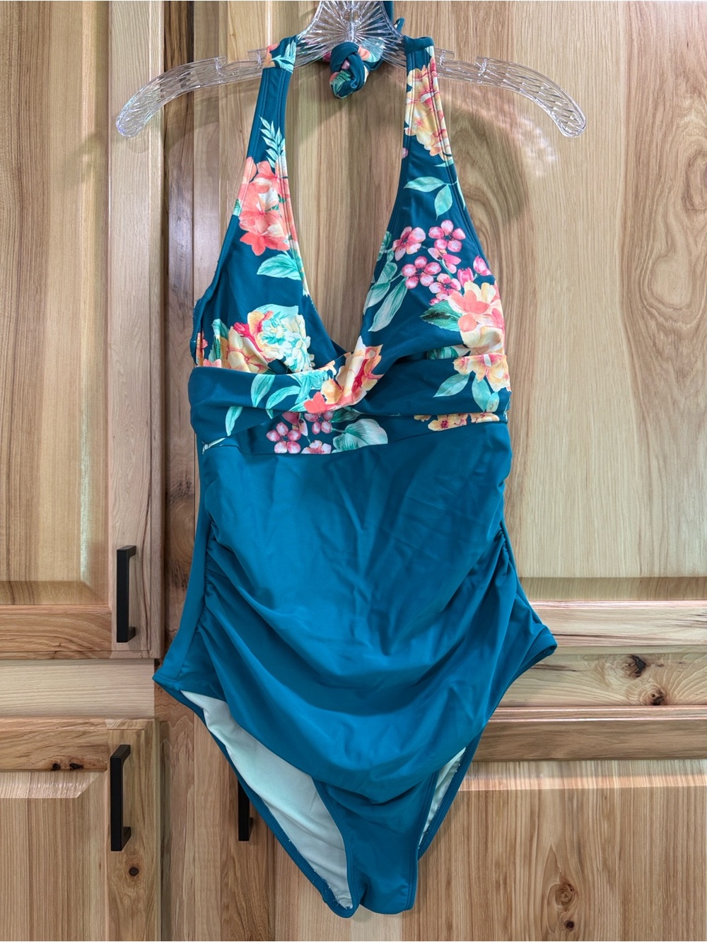 New! Cupshe Teal Floral Tropical Halter One-Piece Swimsuit Size M